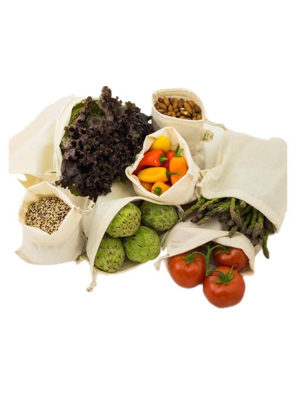 Organic Cotton Muslin Reusable Produce Bags Set of 6 Sizes L M S